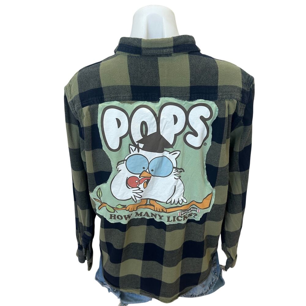 Tootsie Pop Owl Plaid Flannel Shirt Large Oversized 70s Pop Culture Funny Unique